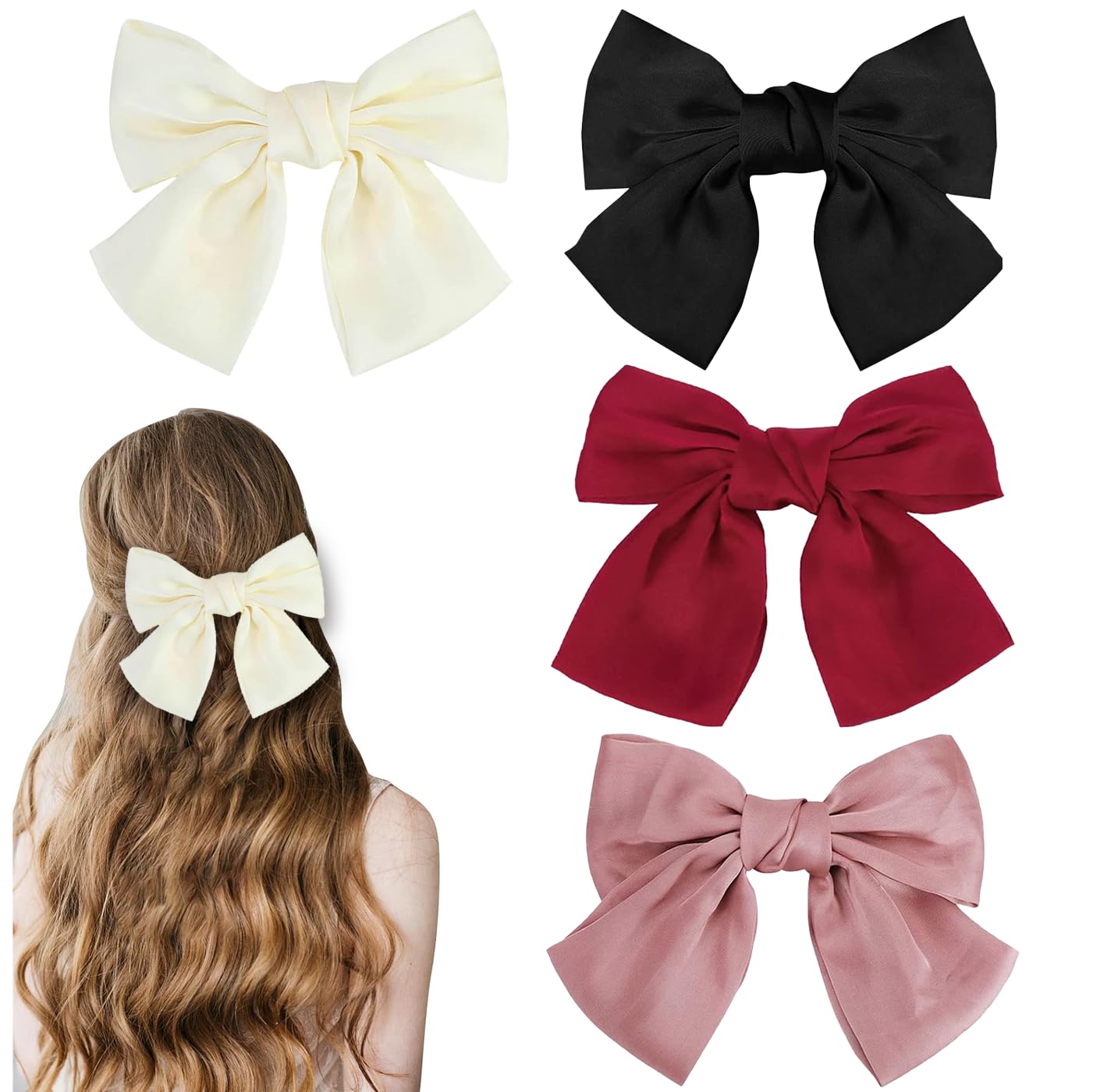 Bow Hair Clip,MUNSKT 4PCS Hair Bows for Women Big Bowknot Hairpin French Hair Clips with Ribbon Solid Color Hair Barrette Clips Soft Satin Silky Hair Bows for Women Girls