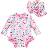 Infant Baby Swimsuit Girl Long Sleeve UPF 50+ Sun Protection One-Piece Rash Guard with Hat Zipper Bathing Suit