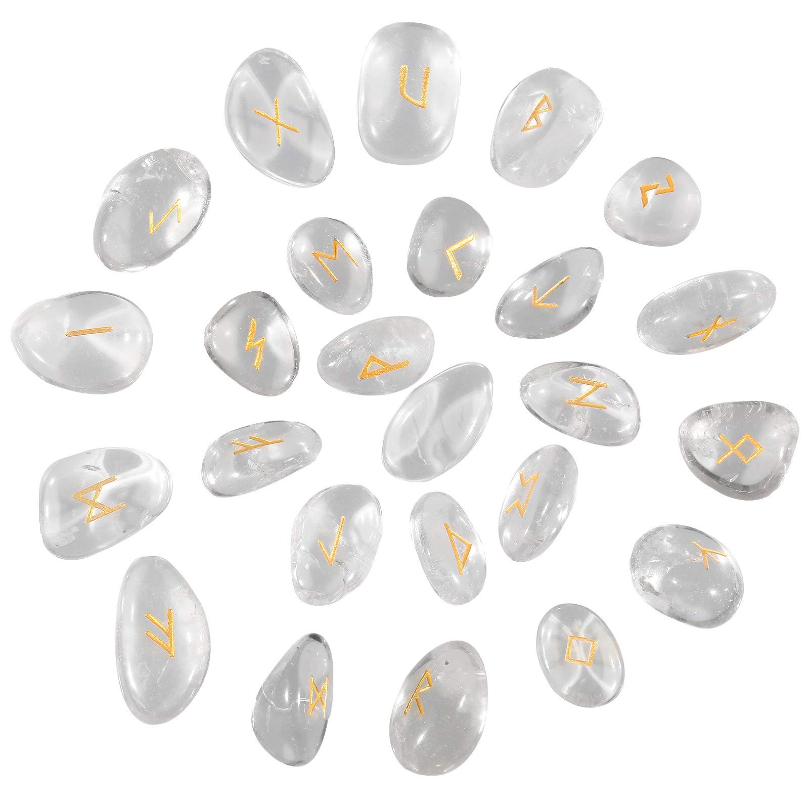 Nupuyai Natural Rock Crystal Rune Stones Set Polished Witches Crystal with Engraved Elder Futhark Runic Alphabet for Meditation Divination Healing