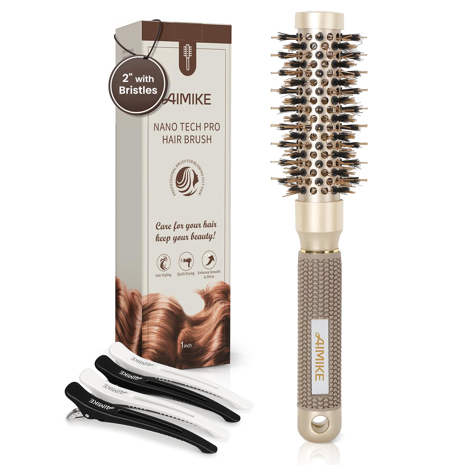 Photo 1 of AIMIKE Round Hair Brush, 1 inch Barrel with Boar Bristles, Nano Thermal Ceramic & Ionic Tech, for Blow Drying, Styling, Curling and Shine + 4 Clips (Gold, Unisex, Fine Hair, Short Hair, Anti-Frizz)