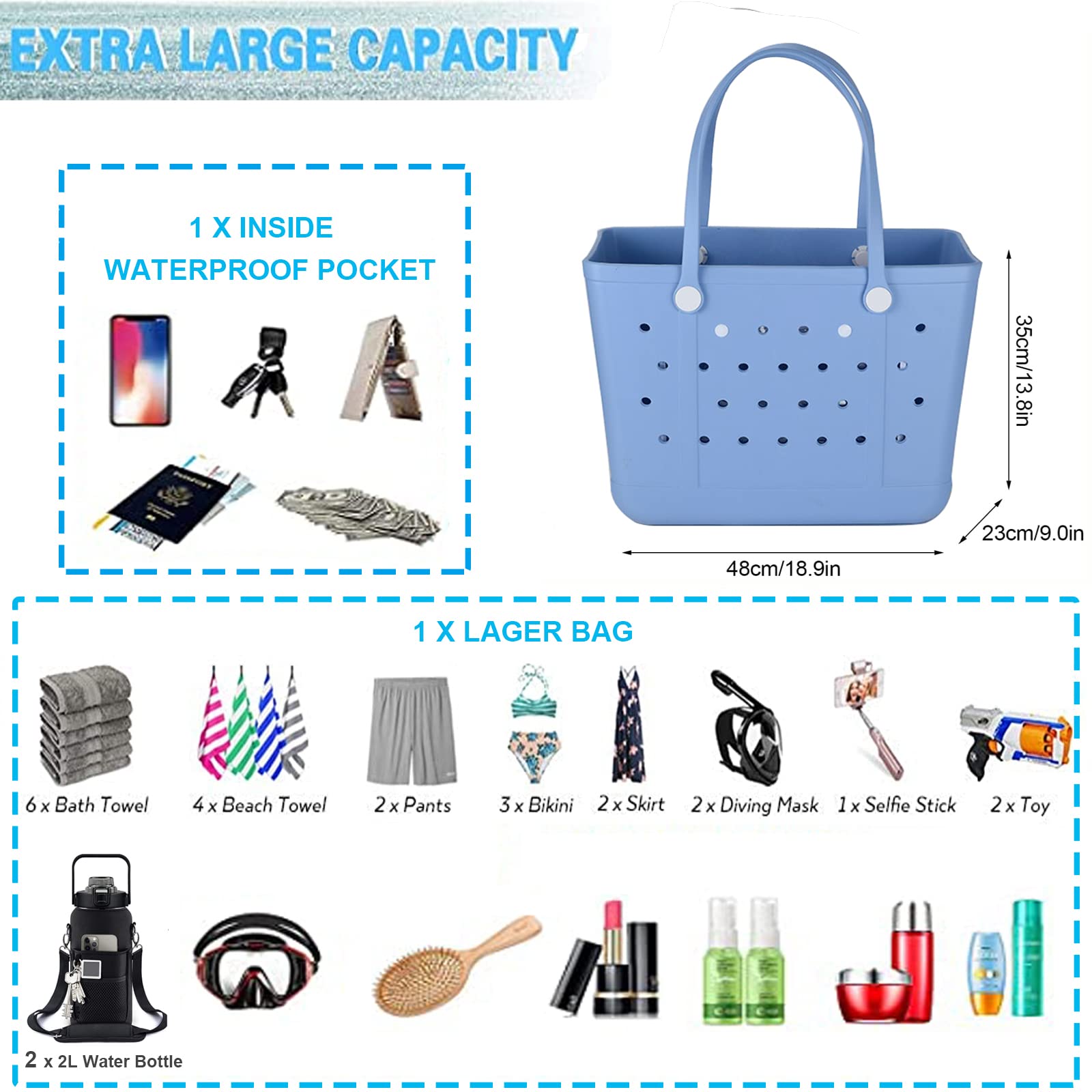 X Large Beach Bag, Oversized Rubber Beach Bag, Washable Open Tote Bag Durable Tote Travel Bags