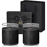 Sabary 2 Sets Leather Rocks Glasses 11.5 oz Leather Wrapped Whiskey Glasses with Gift Box Glass Sleeve Bourbon Glass Gift for Men Father (Black)