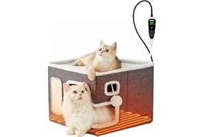 ZOMISIA Heated Cat House for Indoor Cats - Cat Warming Bed for Winter with Fluffy Ball Hanging and Adjustable Heating Pad, Foldable Cat Hideaway,16.5x16.5x13 inches, Grey