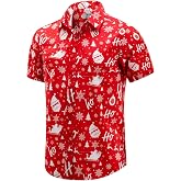 ENVMENST Christmas Button Up Shirt for Men Fun Printed Casual Short Sleeve Hawaiian Santa Shirt