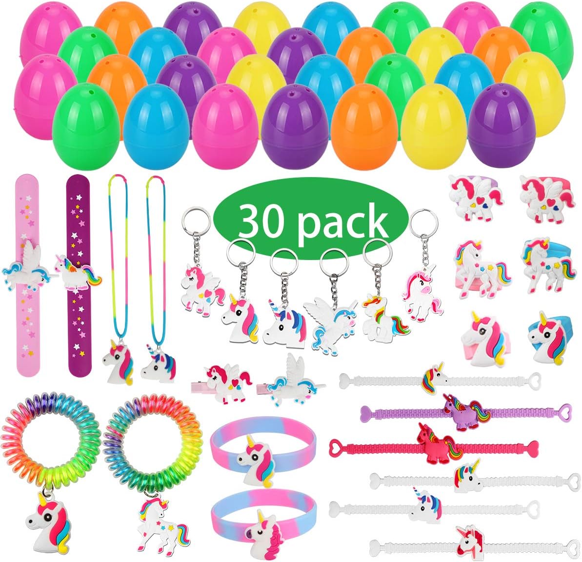Aitbay 30 Pcs Plastic Easter Eggs Toys with Unicorn Theme Party Favors Supplies Set, Unicorn Keychains, Bracelets, Rings and Hair Clips for Basket Stuffers Fillers, Easter Egg Hunt Game