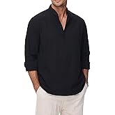 VANCOOG Cotton Linen Shirts for Men Lightweight Casual Long Sleeve Henley Beach Hawaiian Tops