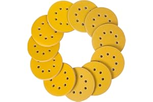 POTUINOM 110PCS 5 Inch 8 Hole Sanding Discs,Gold Round Hook and Loop Sandpaper for Random Orbital Sander(60 80 100 120 150 180 240 320 400 600 800 Mix Grit)