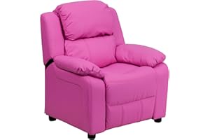 Flash Furniture Charlie Vinyl Kids Recliner with Flip-Up Storage Arms and Safety Recline, Contemporary Reclining Chair for Kids, Supports up to 90 lbs., Hot Pink