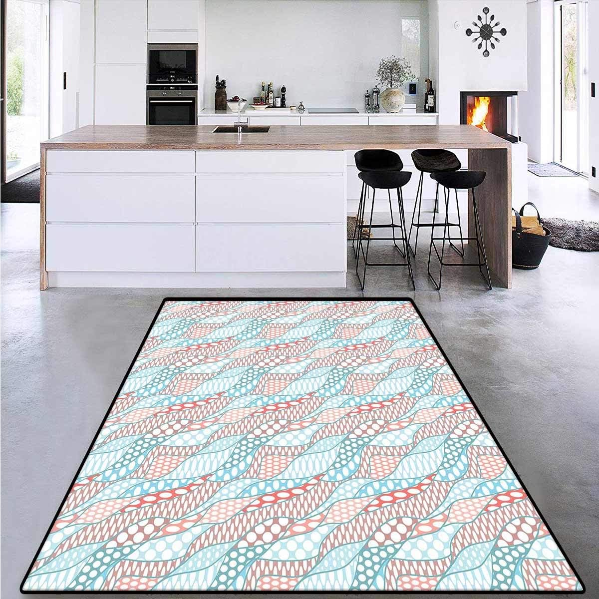 Geometric, Girls Bedroom Rug, Wavy Stripes with Large Spots Ovals Leaf Stylish Soft Artwork, for Kids Room 5' x 7' Pale Blue Dried Rose Peach