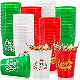 Whaline Christmas Plastic Cups 16oz Merry Xmas Theme Red Green White Reusable Cups Decorative Holiday Party Drinkware for Hot Cold Drinks Coffee Juice Beer Candy Snacks Winter New Year Party, 30 Pcs
