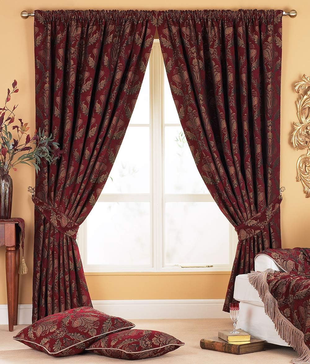 Shiraz Pencil Pleat Curtains (Pair) Burgundy Red and Gold Damask