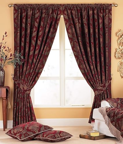 Shiraz Pencil Pleat Curtains Pair Burgundy Red And Gold