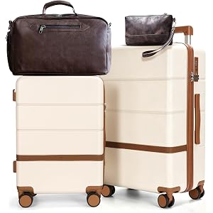 Maungti 4 Piece Luggage Set, 20/24 inchi Large Checked Hard Shell Suitcase with Spinner Wheels, Vintage PU Leather Weekender