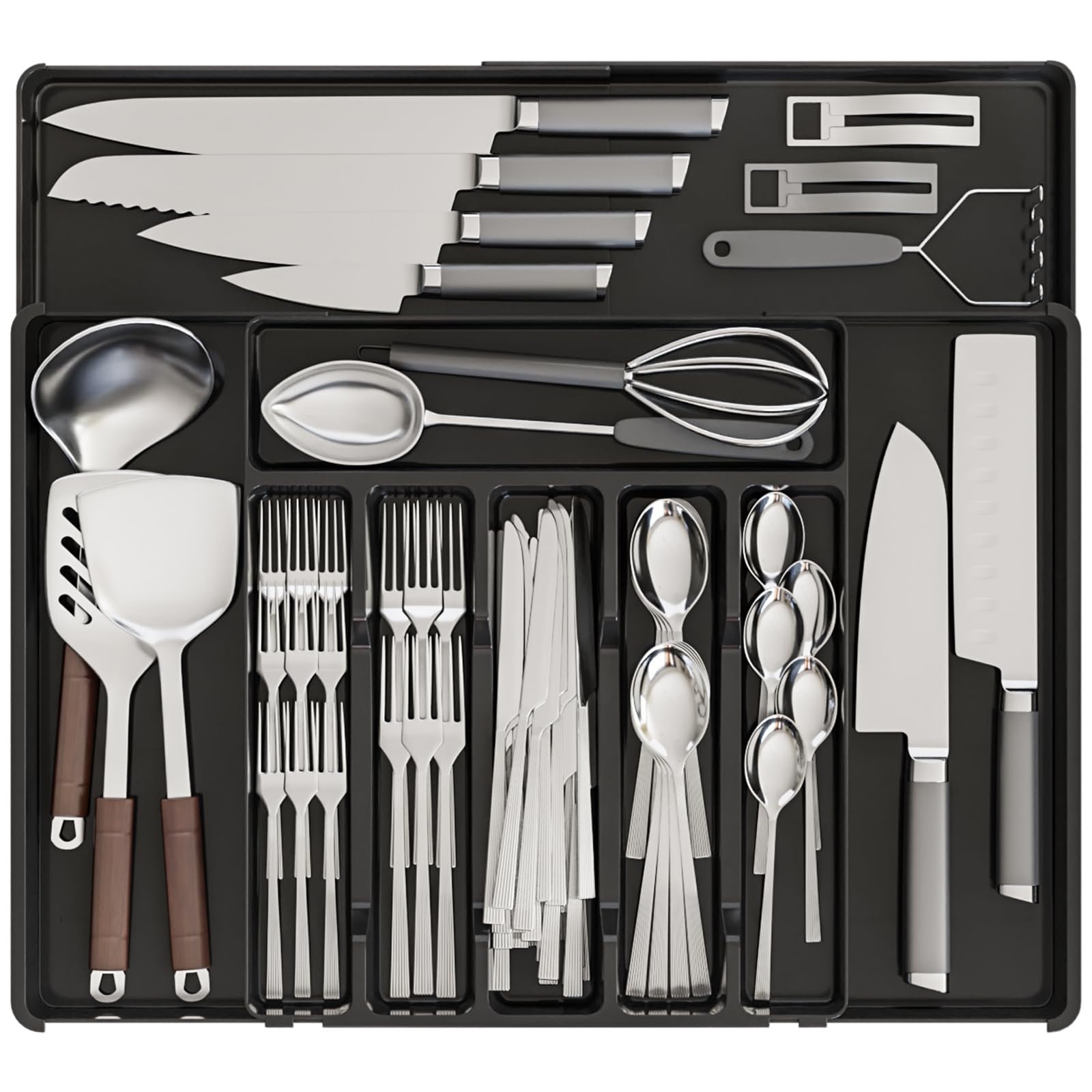 Photo 1 of Expandable Silverware Organizers for Kitchen Drawers,Large BPA Free Cutlery Organizer in Drawer,Plastic Utensil Drawer Organizer Suitable as Flatware,Knife,Fork,Spoon,Silverware Holder and Tray,Black