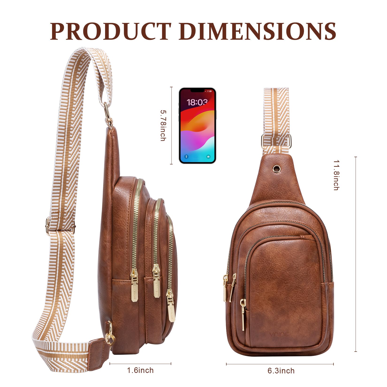 VNINE Small Sling Bag for Women Men Leather Crossbody Bags Fashionable Sling Backpack with Three Pocket Fanny Packs Chest Bag with Adjustable Strap (Brown)