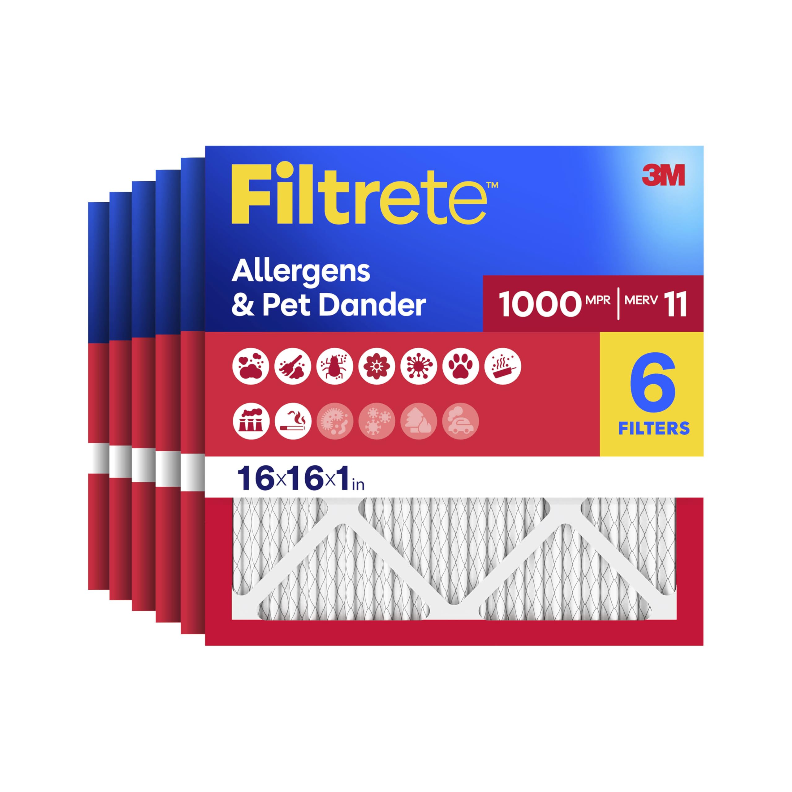 Filtrete 16x16x1 Air Filter, MERV 11, MPR 1000, Allergens & Pet Dander, 3-Month AC and Furnace Filters, Cleaner Air, Reliable Airflow, 6 HVAC Filters (Actual Size 15.81 x 15.81 x 0.81 in)