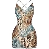 WDIRARA Women's Plus Size Leopard Print Draped Cowl Neck Cami Dress Criss Cross Backless Mini Dresses
