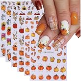 6Sheets Fall Pumpkin Nail Stickers,3D Thanksgiving Day Nail Art Stickers Autumn Maple Leaves Fruit Fallen Leaves Sunflower Design Decals Halloween Holiday DIY Manicure Decoration Accessories