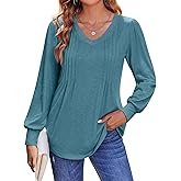 TICTICMISS Women's Pleated V Neck T Shirts Puff Long Sleeve Tops Casual Loose Fit Tunic Blouses