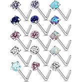 Qiwnswoy 15 Pcs 18G 20G Surgical Steel Nose Rings Studs for Women Opal Nose Rings Diamond CZ Nose Studs L Shaped Nose Nostril Piercing Jewelry Hypoallergenic