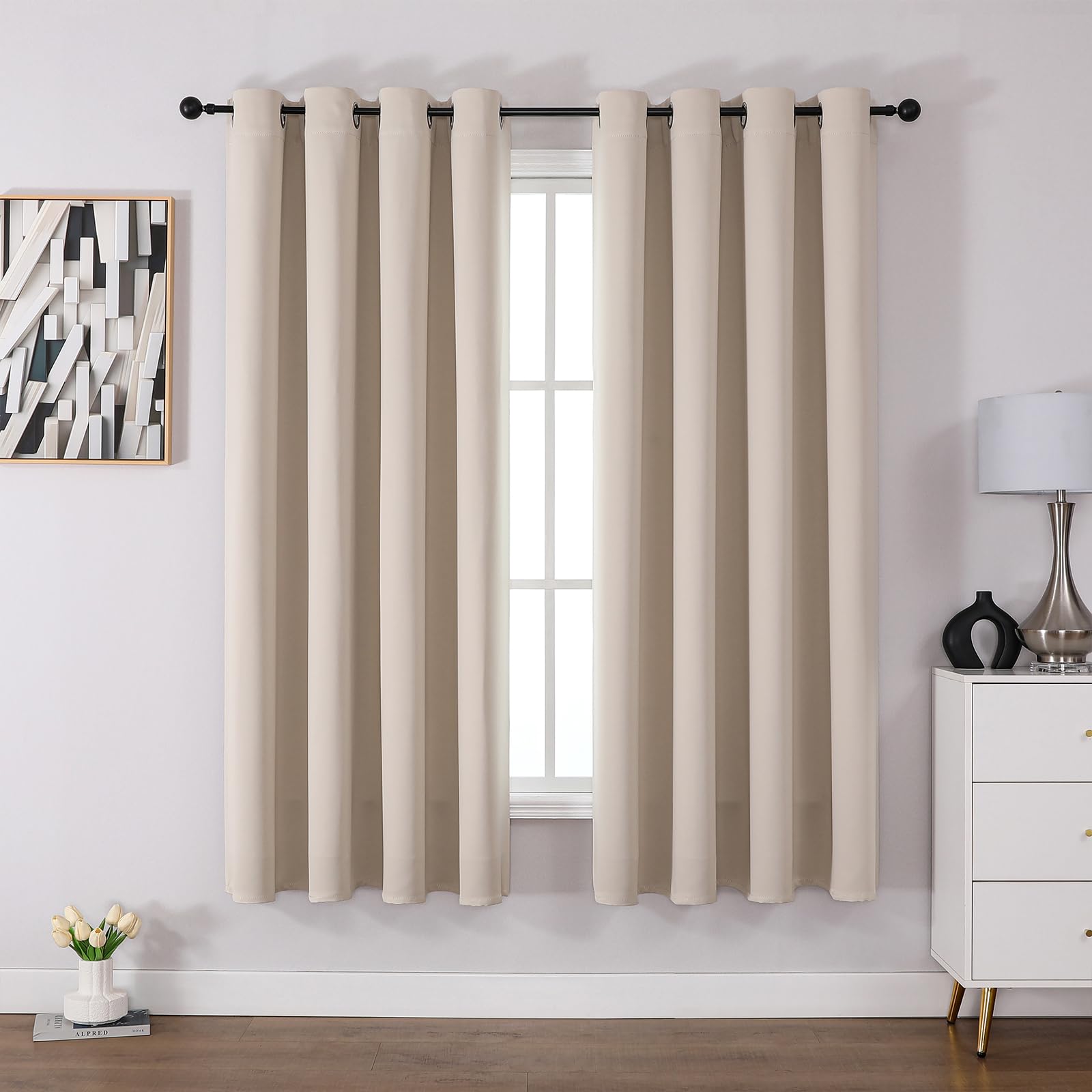 CUCRAF Blackout Curtains for Bedroom & Living Room, Beige Thermal Curtains, 72 Inch Drop, 2 Panels, Eyelet, Soundproof Room Dividers W46 x L72