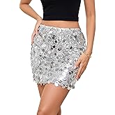 KASBAH Sequin Mini Skirt for Women Sparkly Skirt Stretchy Bodycon Glitter Skirts Night Out Party Silvery