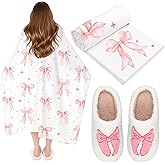 Halfchet 2 Pcs Valentine Pink Bow Bed Blankets and Slipper Set Gifts for Women Friends Sister Coquette Preppy Stuff 50" x 60" Flannel Soft Plush Fluffy Warm Fur Slippers for Winter Indoor Home
