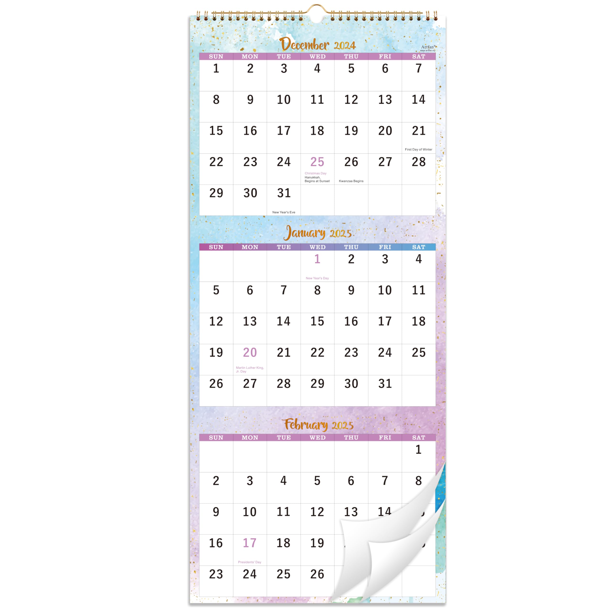 Photo 1 of 2025 Wall Calendar - 3 Month Wall Calendar Display (Folded in a Month), Jan 2025 - Dec 2025, 11.25" x 26", 3 Month Calendar 2025 - Gold
