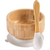 Baby Bamboo Bowls with Suction and Matching Spoon Set,2PC Feeding Supplies Set for Infant, Toddlers,Detachable Silicone Suction Stay Put Base for Wooden Bowl （Marble）