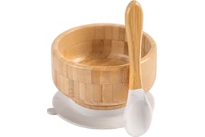 HI BABY MONMENT Baby Bamboo Bowls with Suction and Matching Spoon Set - 2PC Feeding Supplies Set for Infant, Toddlers - Detachable Silicone Suction Stay Put Base for Wooden Bowl - BPA Free （Marble）