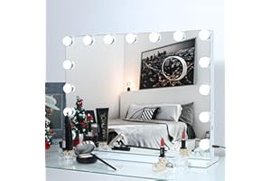 AMST Makeup Vanity Mirror with Lights, Lighted Mirror with 15pcs Dimmable LED Bulbs,Tabletop Light-up Hollywood Mirror 3 Color Lighting Modes, USB Port, White, 22.83"x18"