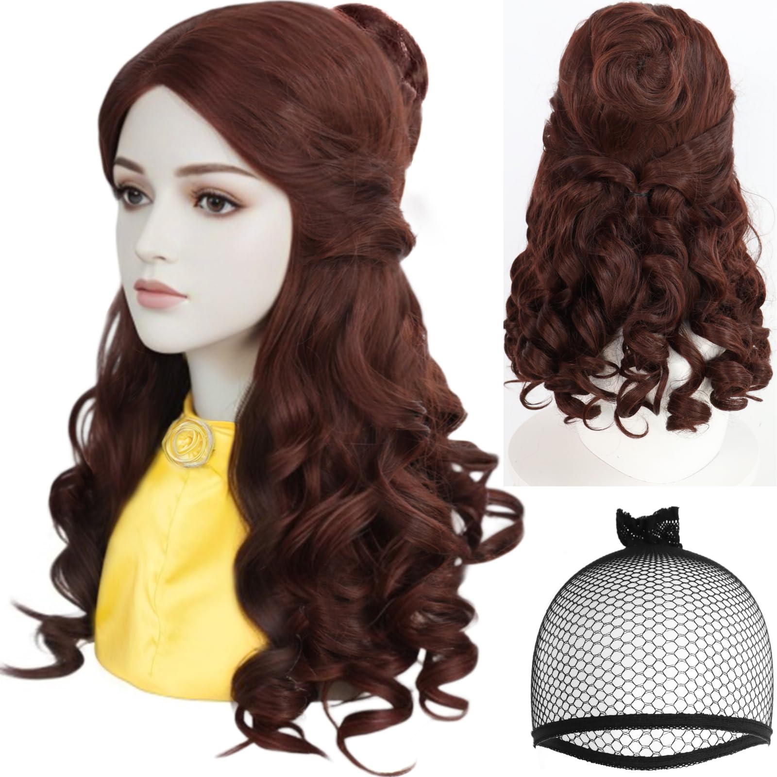 Photo 1 of JoneTing Brown Curly Wig ?+Wig Cap? Princess Wig with Bun for Adult Brown Synthetic Long Natural Brown Wavy Wigs Hair for Women Cosplay for Halloween Peluca Marrón Christmas Party Wig for Cosplay