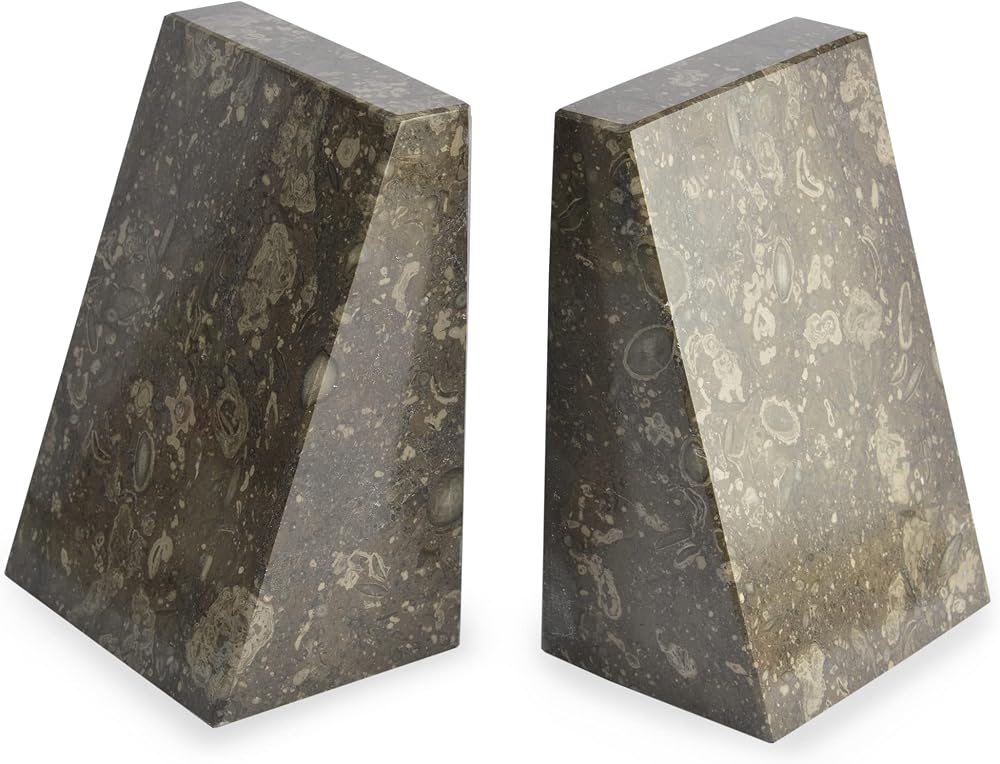 British Fossils Himalayan Marble Dark Fossilstone Wedge Bookends 6"
