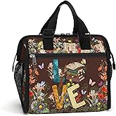 84hoods Insulated Lunch Bag for Women. Gift for Book Lovers and Librarian. Large Lunch Box for Work Office Travel Picnic with Adjustable Strap. Love Books.