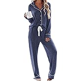 Ekouaer Women's Pajamas Long Sleeve Sleepwear Casual Button Down Loungewear Soft Pjs Set S-XXL
