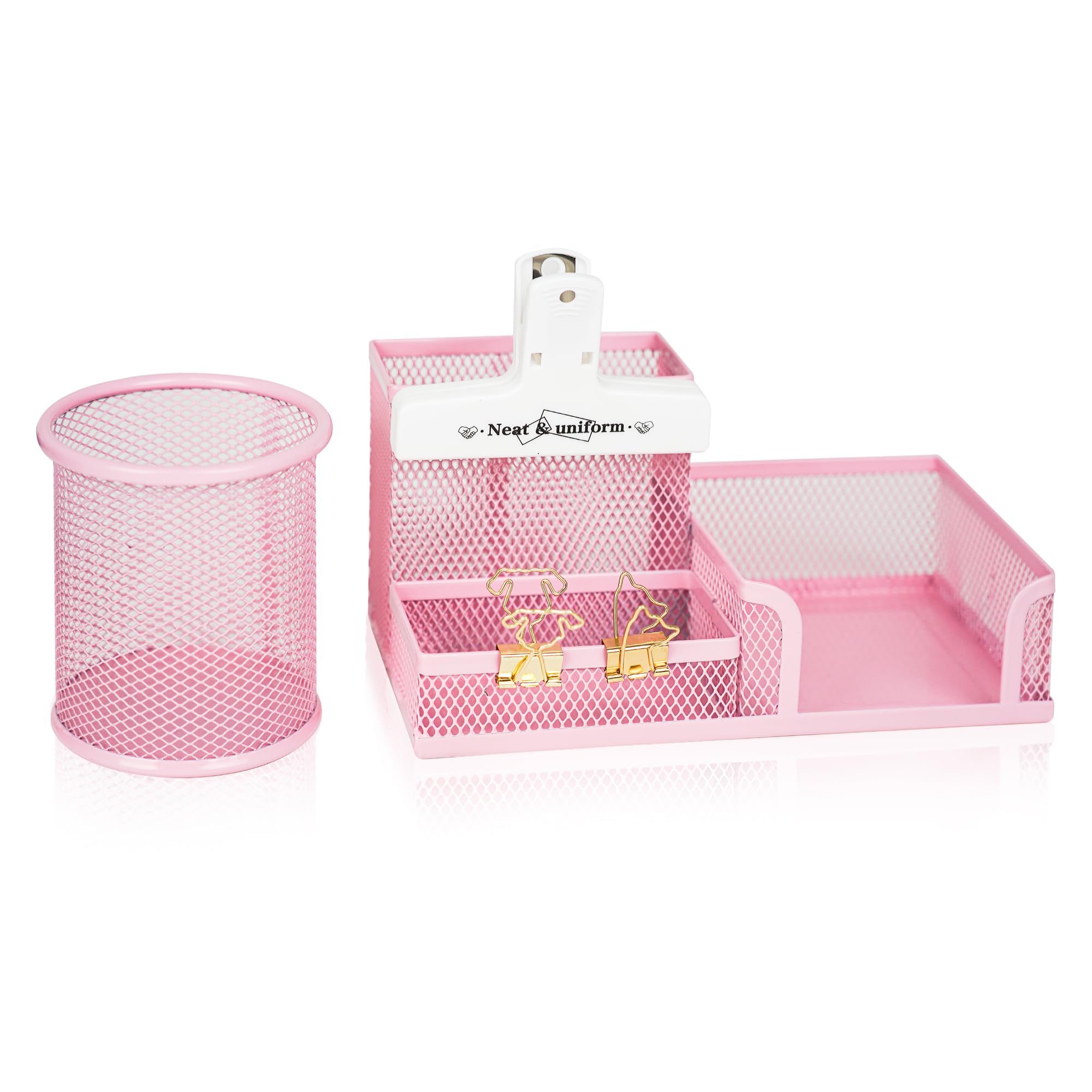 Photo 1 of YOBRO Mesh Pen Holder Desk Organizer with a Pencil Cup, 3 Compartmnets Desk Caddy, Helpful Sticky Note Holder and Paper Clips Holder, Office Supply Organizer for School Home, Pink