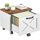 HOOBRO Farmhouse File Cabinet, Small Rolling File Cart Under Desk, 1-Drawer File Cabinet for Home Office, Printer Stand with Drawers, File Organizer Fits A4/Letter Size, White and Walnut, WH34WJ01