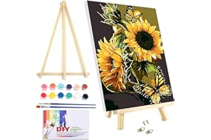VIGEGU Paint by Numbers Kit for Adults Beginner with Framed Canvas - with Wooden Easel, Sunflower Butterfly DIY Oil Painting, with Acrylic Paints Brushes Nice Gift Box 7.8x11.8in