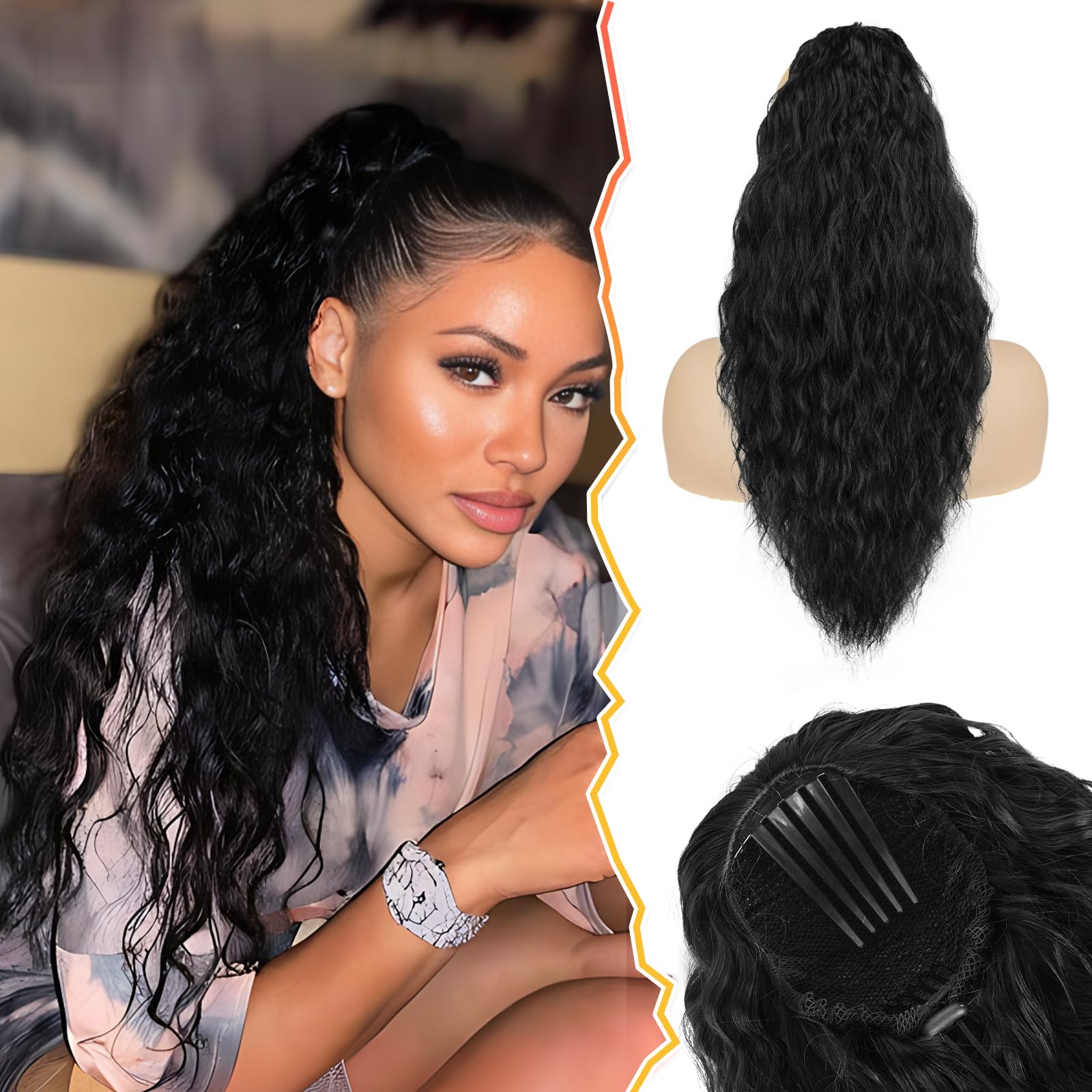 BARSDAR Drawstring Ponytail Extension, 22 Inch Curly Wavy Black Ponytail Hair Extensions for Women Synthetic Comb Clip in Fake Pony Tails Hairpieces - Natural Black — image 1