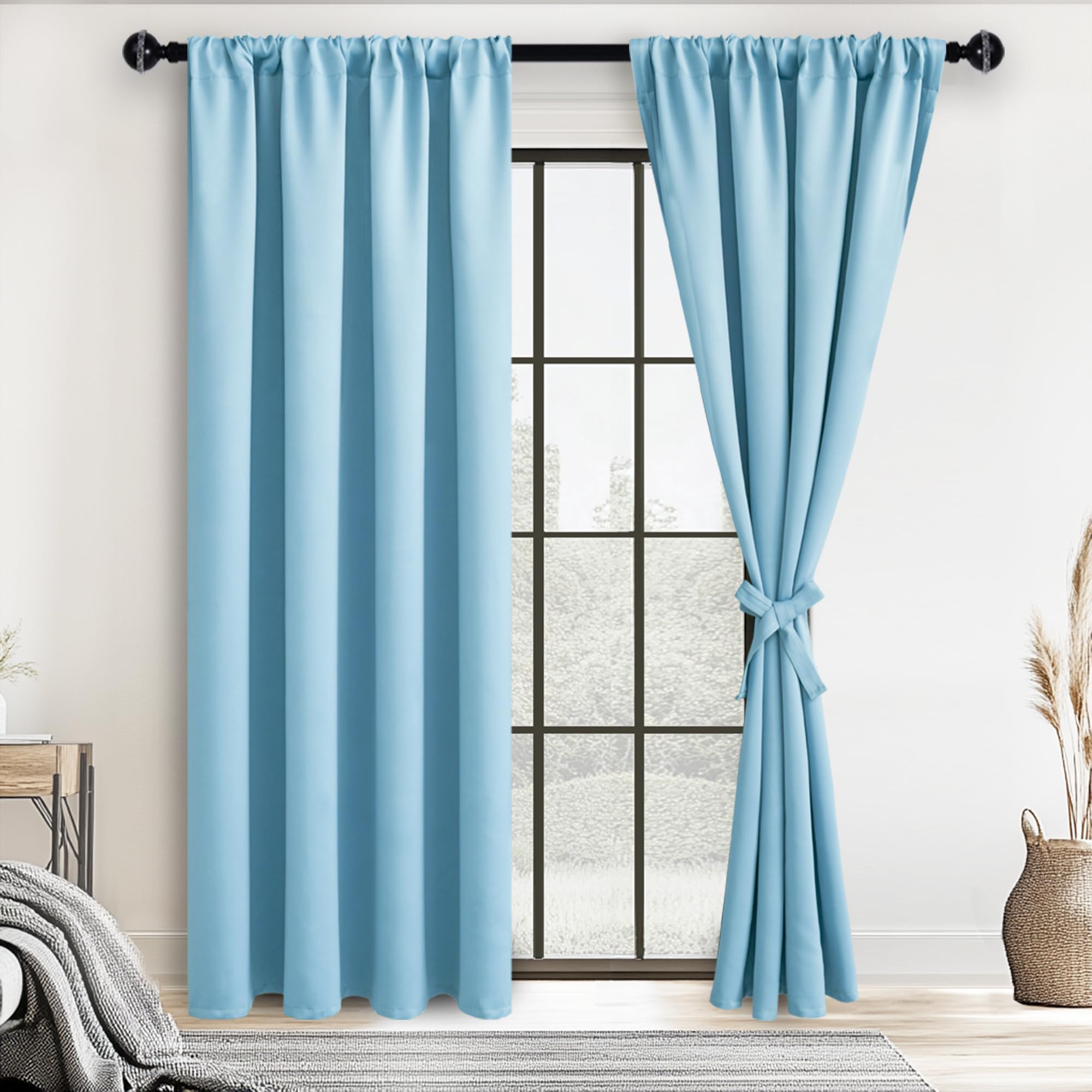 JIUZHEN Blackout Curtains for Bedroom– Thermal Insulated,Noise Reducing Room Darkening Privacy Drapes for Living Room, Set of 2 Panels with Tiebacks, 42 x 72 inch Long, Light Blue Image