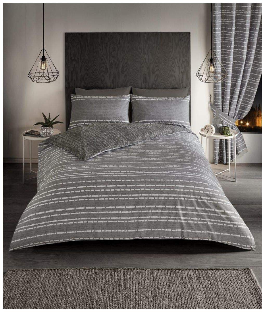 GC GAVENO CAVAILIA Easy Care Seb Stripe Duvet Cover, Reversible Quilt Bedding Set, Luxury Quality, Grey, Kingsize, Polycotton, King