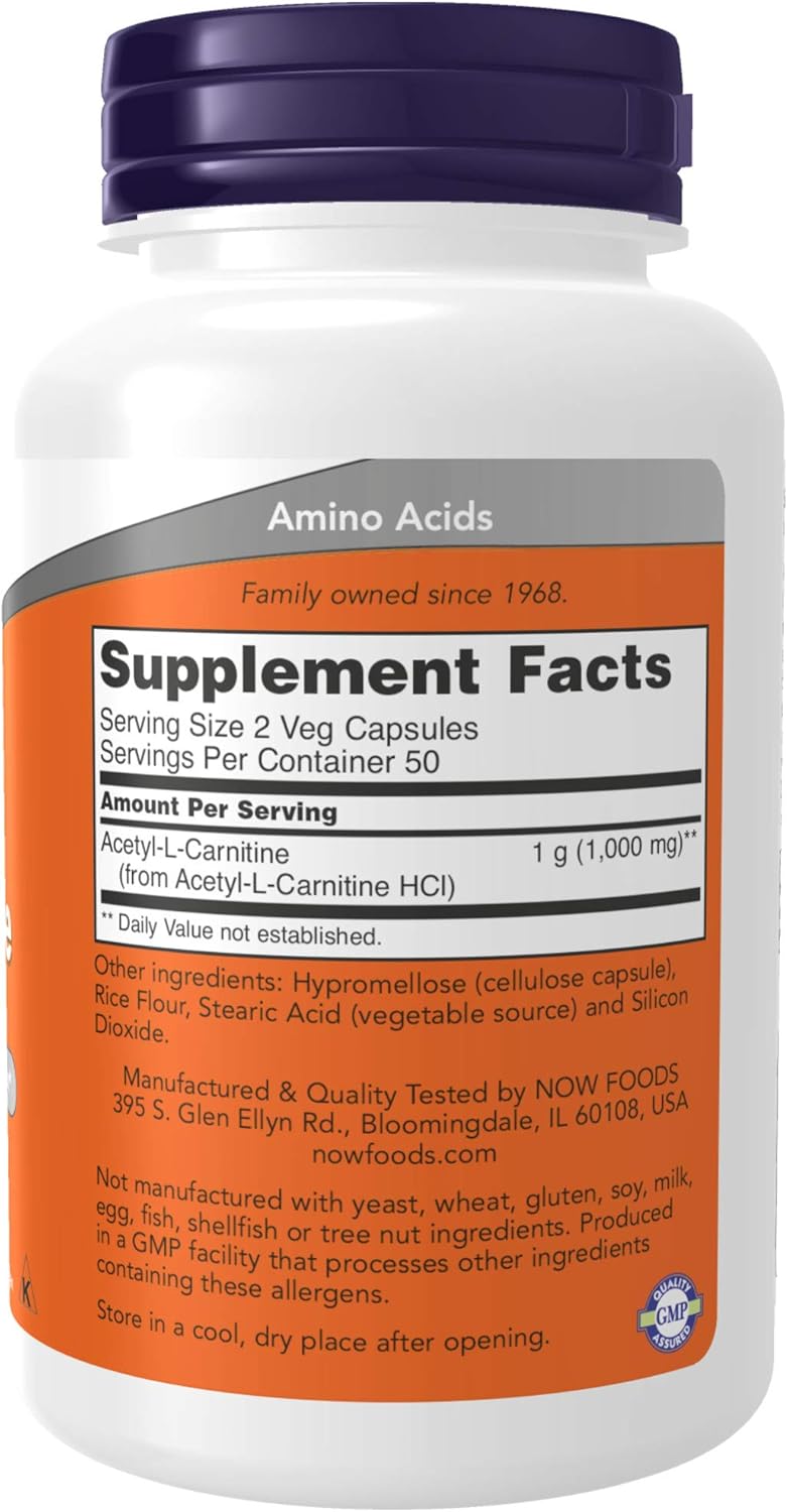 NOW Supplements, Acetyl-L Carnitine 500 mg, Amino Acid, Brain And Nerve Cell Function*, 100 Veg Capsules: Health & Personal Care