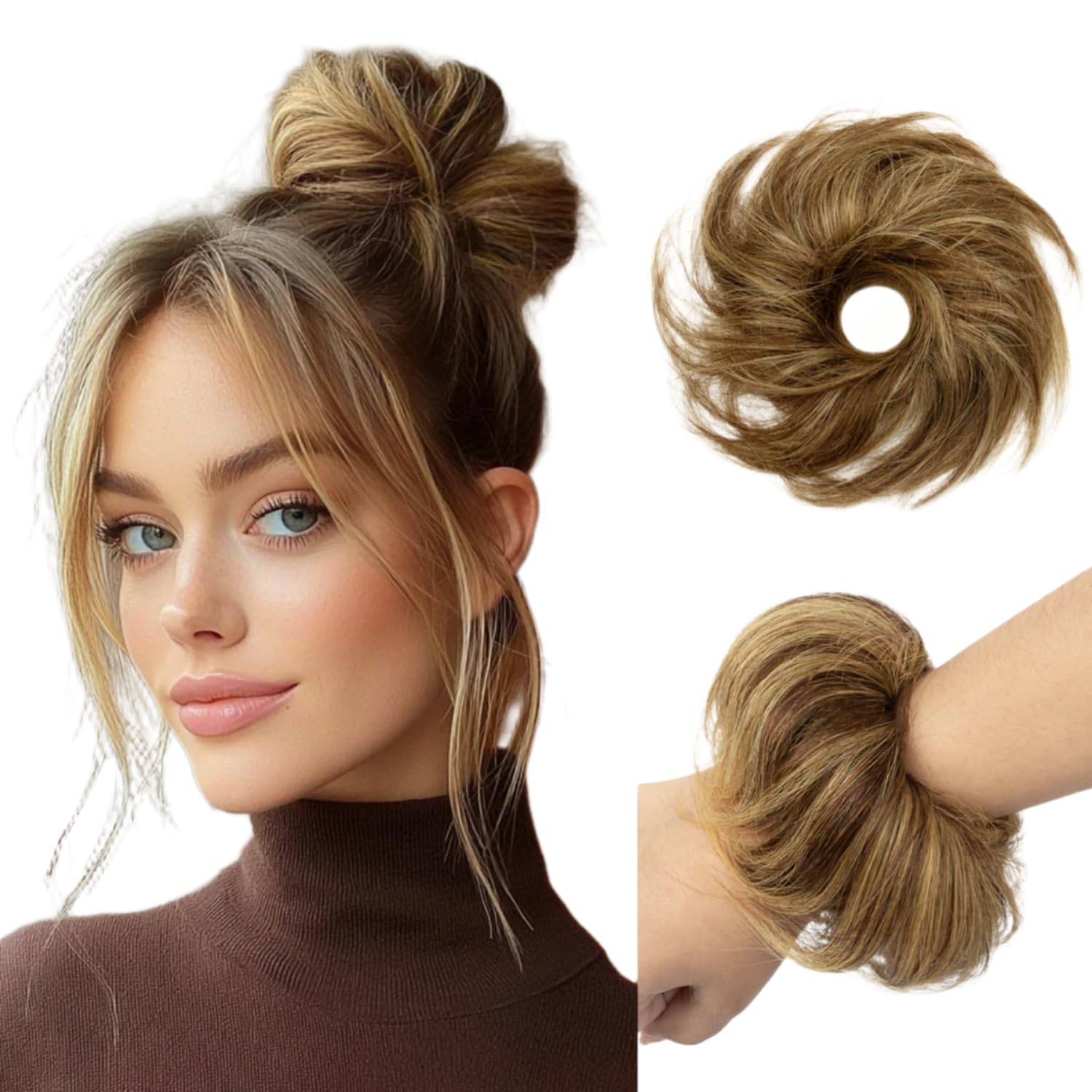 Photo 1 of Messy Bun Hair Piece for Women Human Hair Buns Medium Brown Highlights Elastic 1Pcs 100% Real Hair Ponytail Wavy Curly Durable Bun Scrunchies Thick Updo Hairpieces (#P4-27 Medium Brown Highlights)