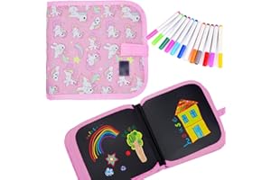 T-Antrix Kids Erasable Doodle Book Set, Reusable Drawing Pads, Preschool Travel Art Toy Scribbler Board for Travel, Road Trip, 14 Pages with 12 Watercolor Pens