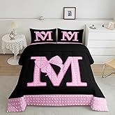 jejeloiu Pink Bow Kids Bedding Set Twin Size,Bow Pink White Dots Comforter Set,Personalized Letter M Ultra Soft Duvet Quilt,Girl Bow Coquette Comforter Initial Letter M Bedroom Decor