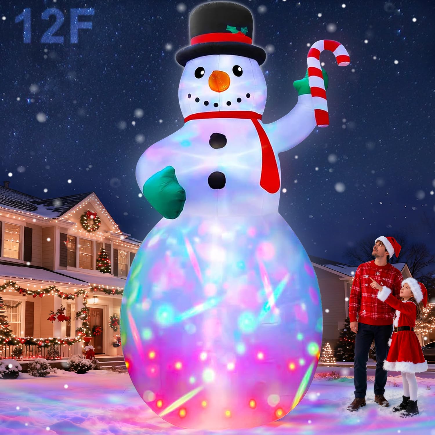 Photo 1 of 12 Ft by 6 Ft Giant Christmas Inflatables Snowman Outdoor Decorations, Blow Up Snowman Holds Candy Cane Built-in Rotating Colorful Lights Christmas Decorations Outdoor Yard Lawn Garden Holiday Party