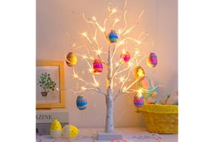 PEIDUO Easter Decorations for Home, 2FT 24LT Easter Egg Tree Lighted with Battery Powered and Timer, Lighted Easter Trees Decor, Pre-lit White Birch Tree for Party Spring Decor