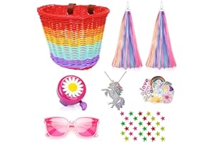 Suerico Kids Bike Basket for Girls,Handlebar Bicycle Basket with Unicorn Necklace,Bike Bell,Streamers,Bike Wheel Bead,Sunglasses,Stickers Bike Decoration Accessories Set
