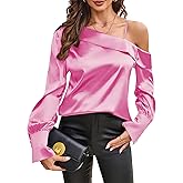 ZAFUL Women's Satin-Silk-Tops Sexy Off The Shoulder Dressy Blouse for Party Casual Long-Sleeve Elegant Shirt