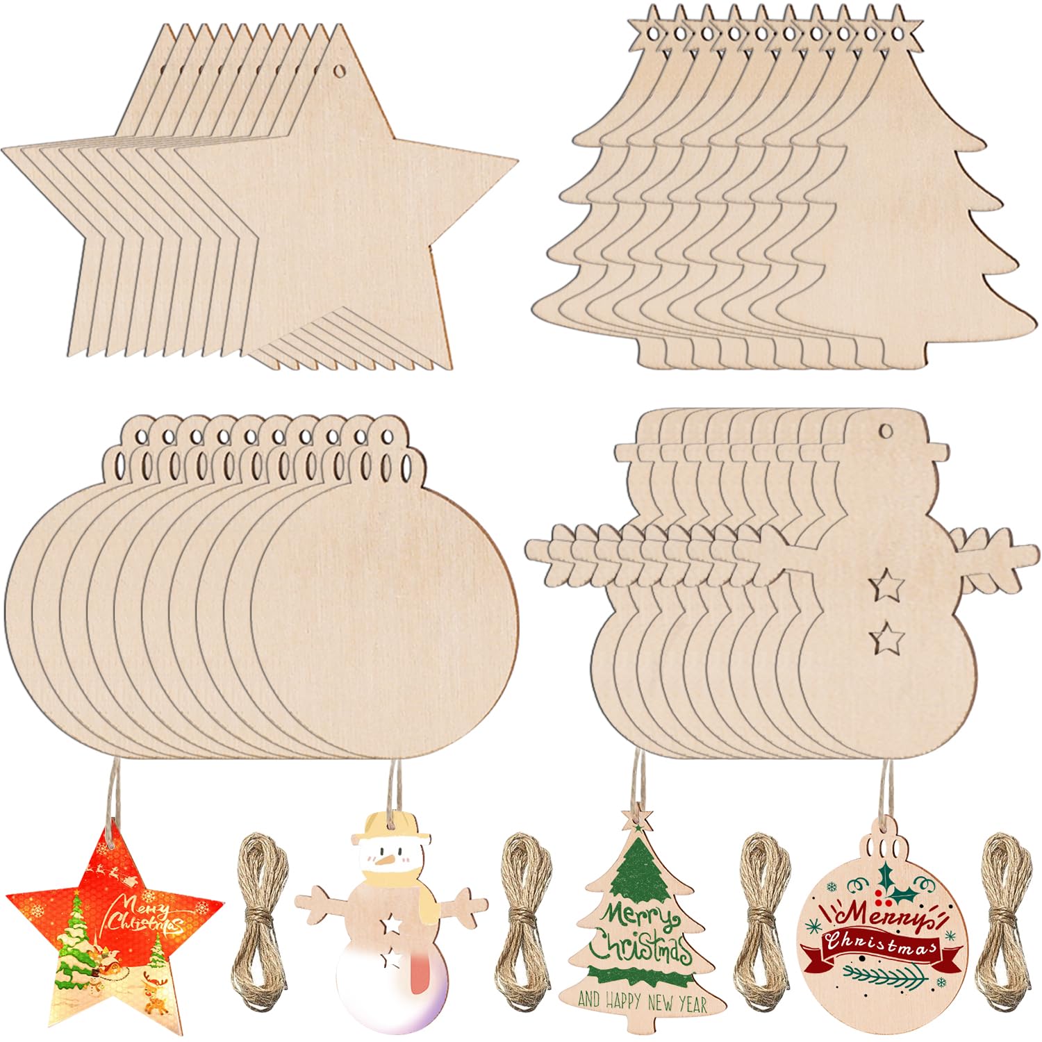 Ezydka Wooden Christmas Decorations 40Pcs - Wooden Baubles Ornaments for DIY Crafts, Star, Tree, Snowman, Disc